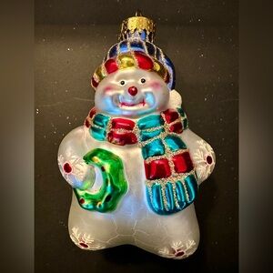 Snowman glass Christmas ornament by ut. Hand painted smiling scarf & snowflakes.
